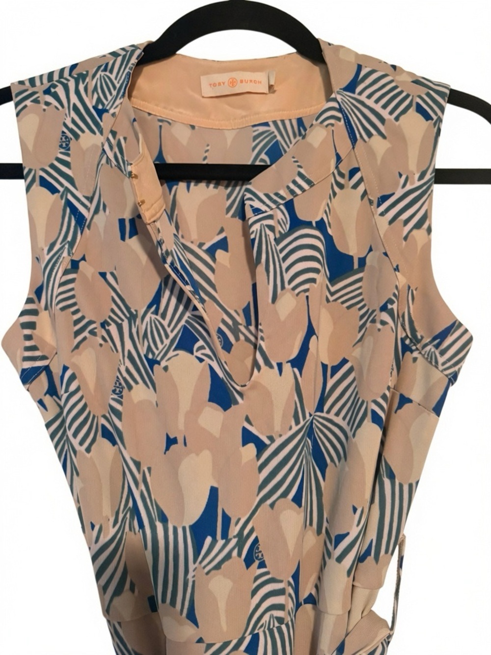 Tory Burch Beige and Blue Printed Sleeveless dress with belted sash.